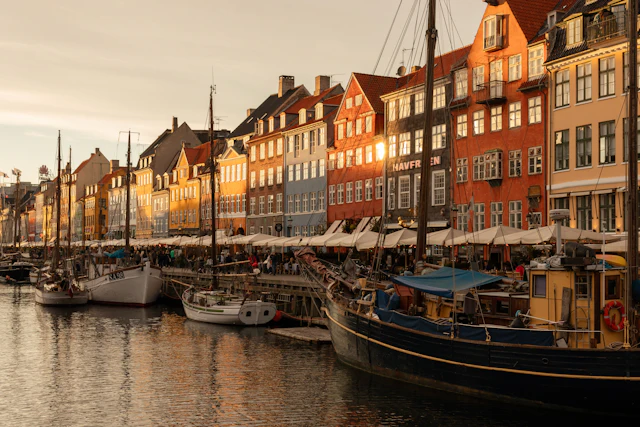 Colorful townhouses and boats along Nyhavn, Copenhagen