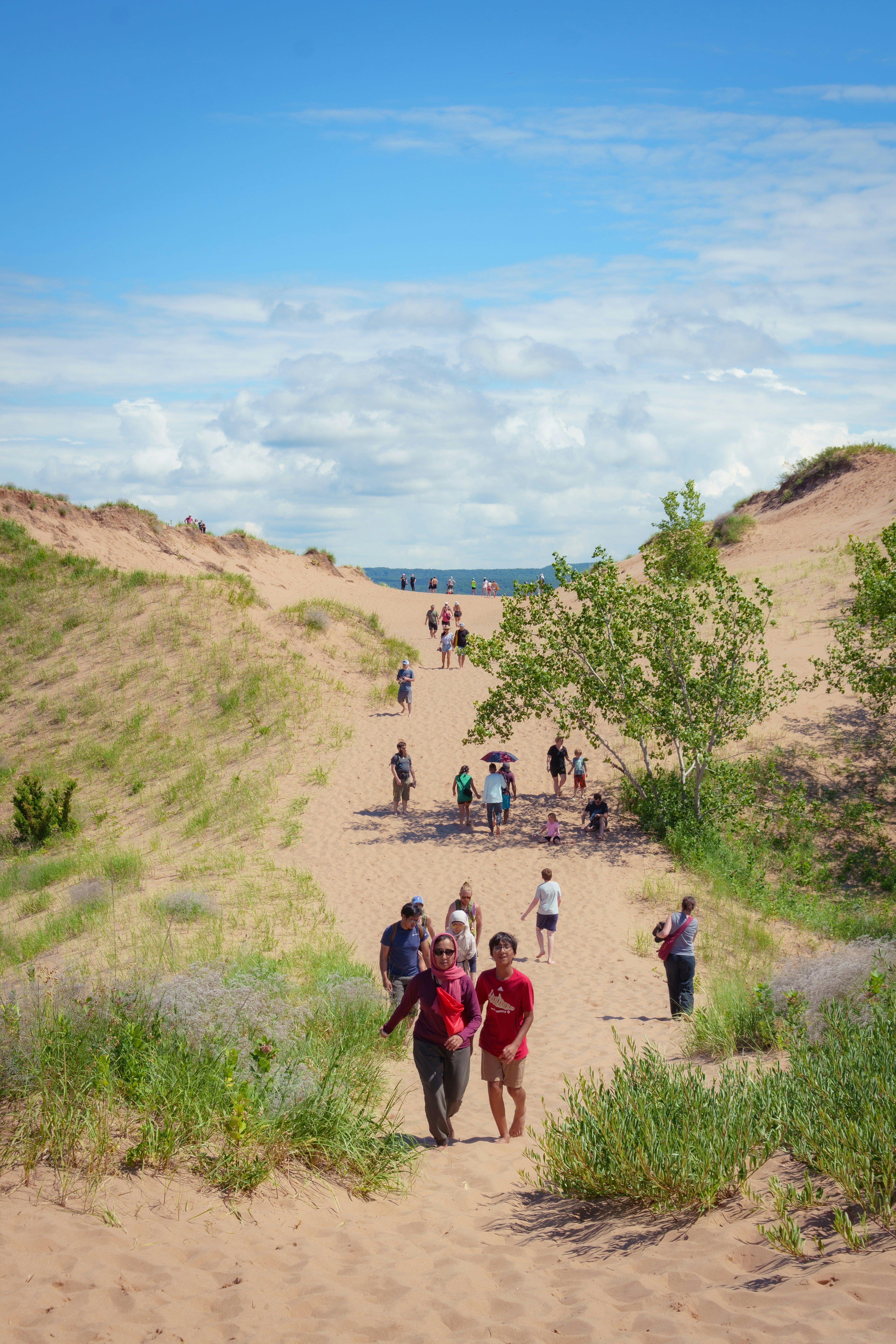 A group of people walking up a sandy hill