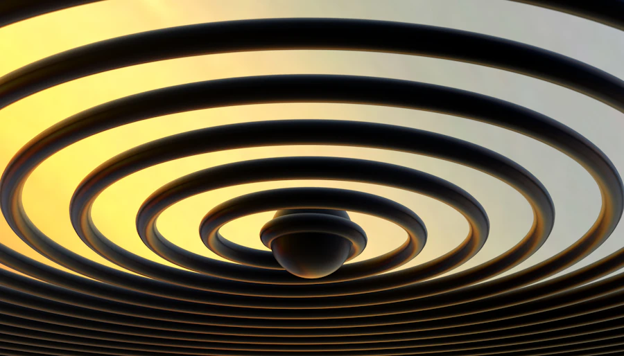 Circular ceiling spiral design — echoing the copper spiral antenna helix form