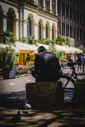 A man sitting on a bench next to a bird