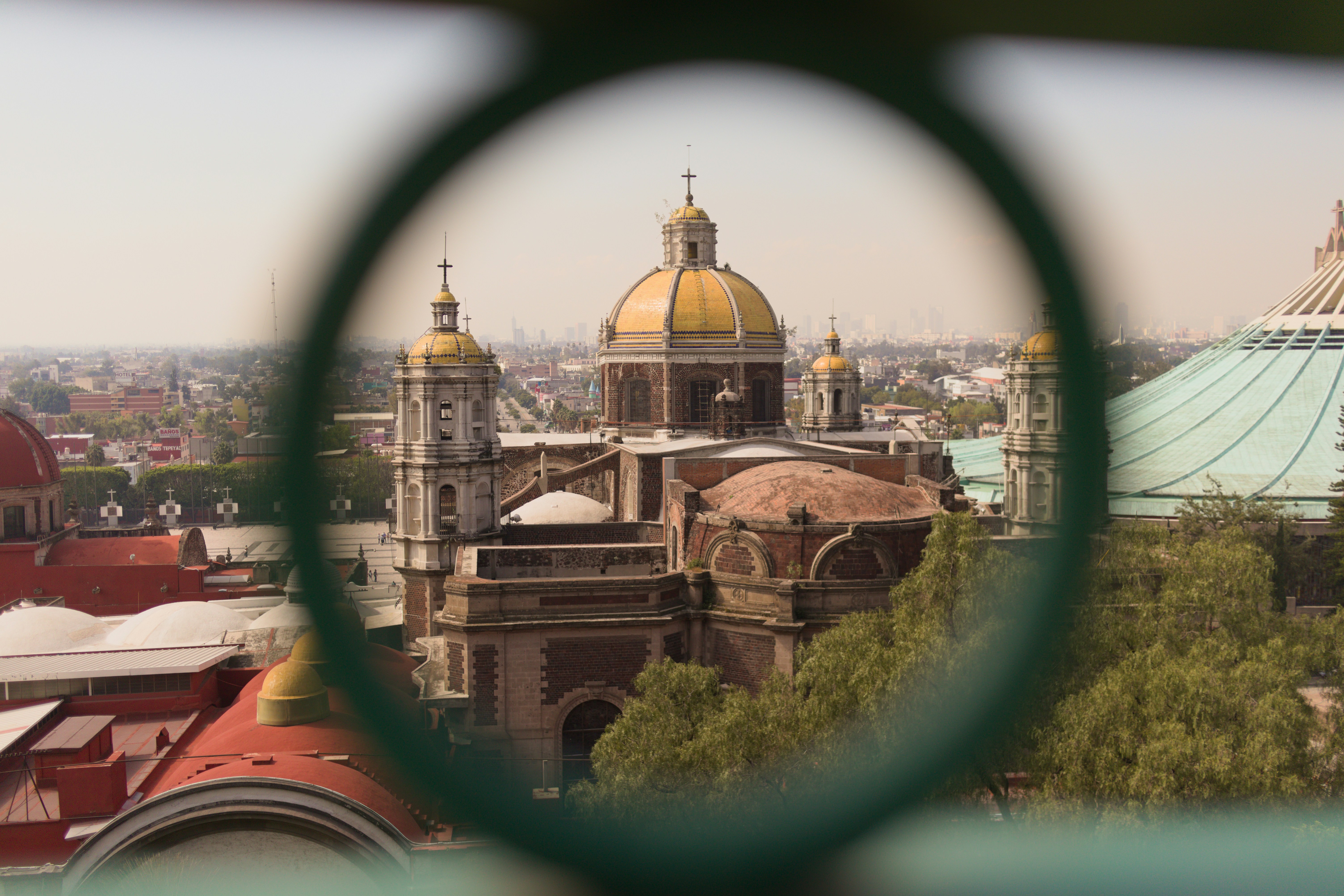 A view of a city through a magnifying glass