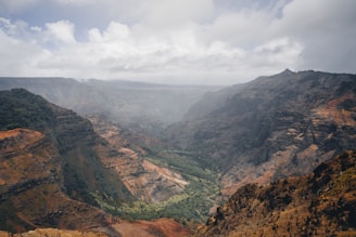 A scenic view of a valley with mountains in the background