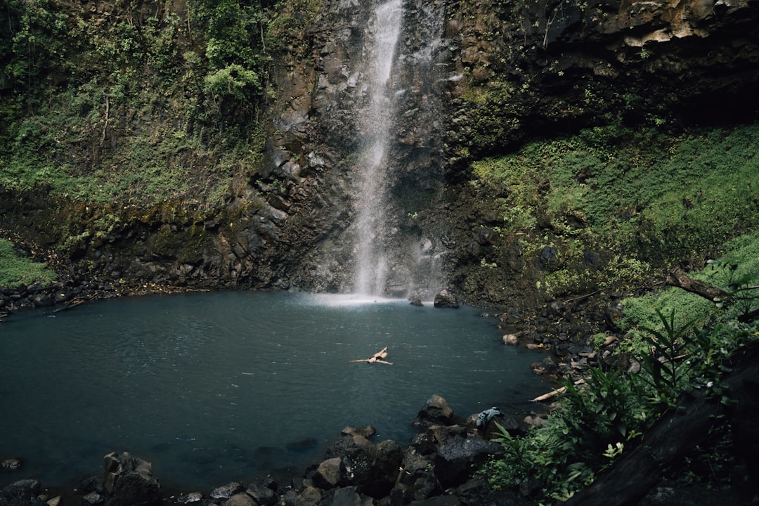 A man swimming in a pool in front of a waterfall,