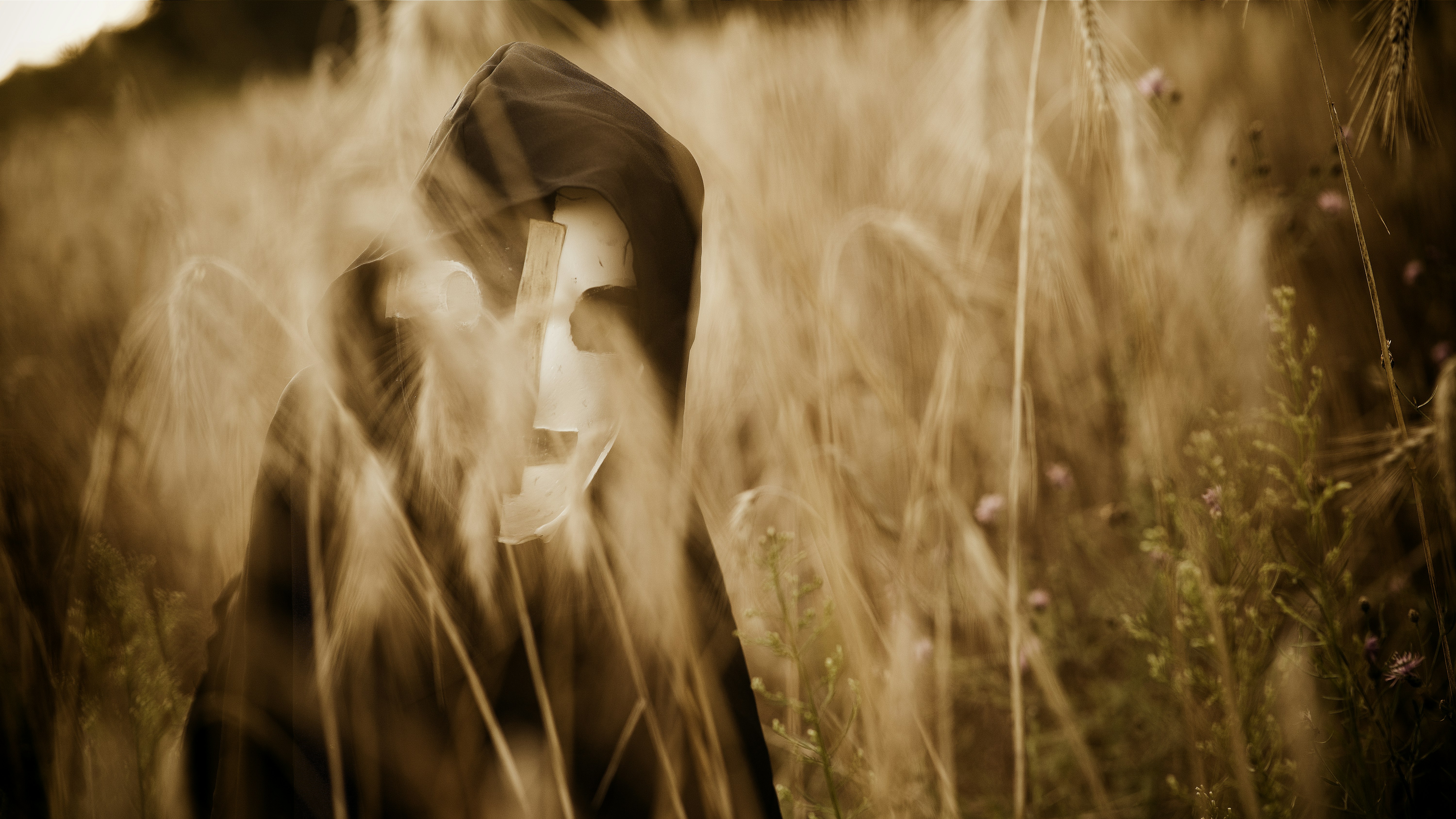 Una persona in piedi in un campo di erba alta