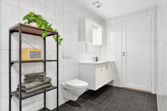 A bathroom with a toilet, sink, and shelving unit