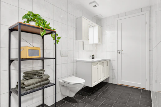 A bathroom with a toilet, sink, and shelving unit