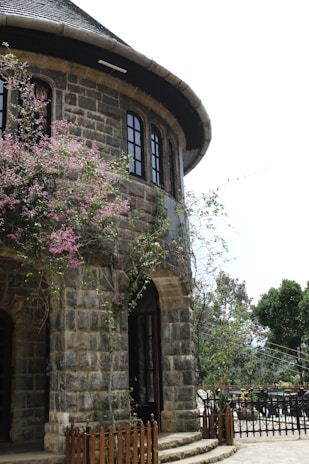 A stone building with a tree in front of it