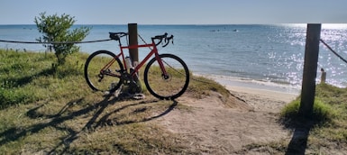 A bike parked on the side of a beach next to the ocean