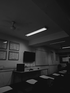 A black and white photo of a classroom