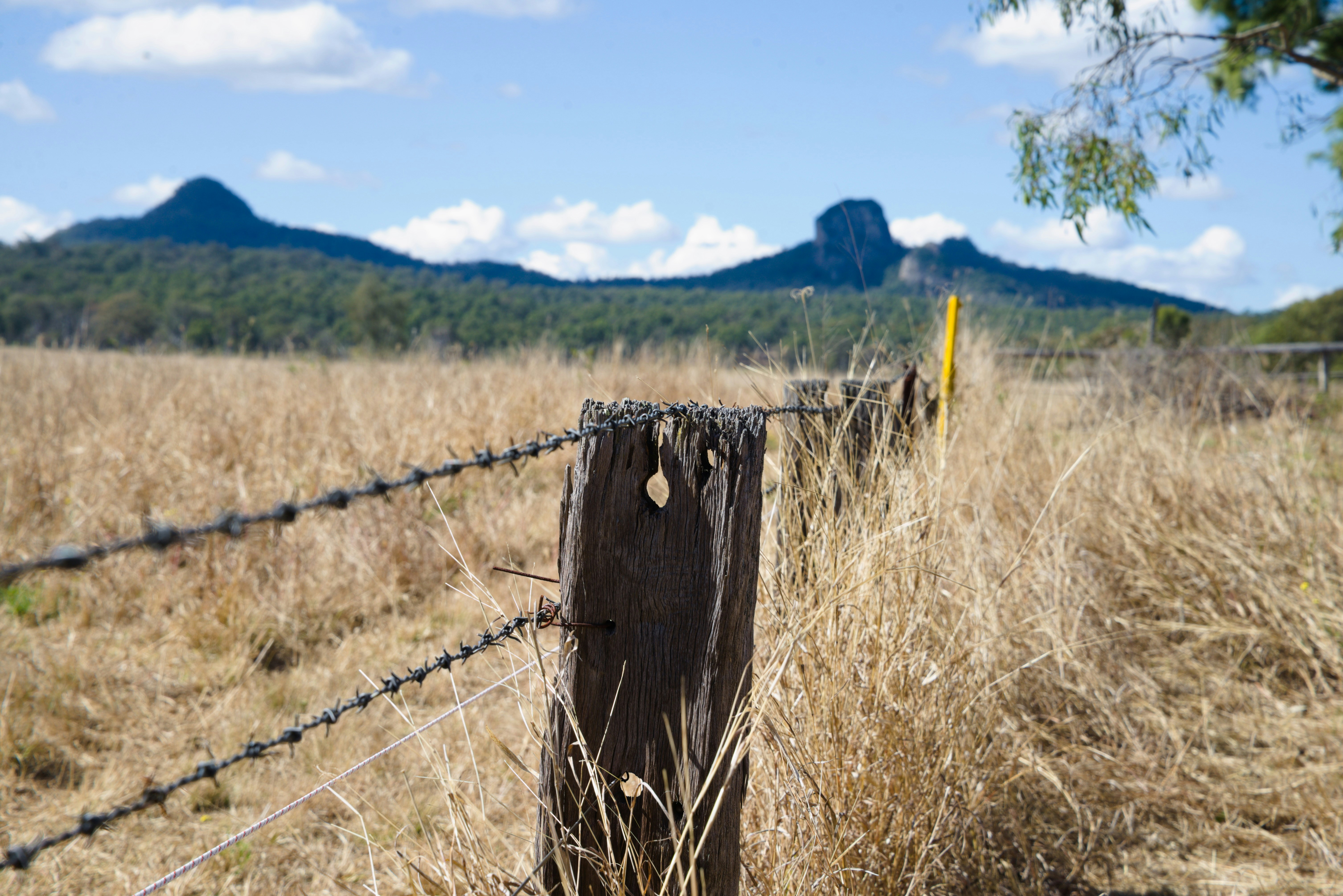 Uma cerca em um campo com montanhas ao fundo