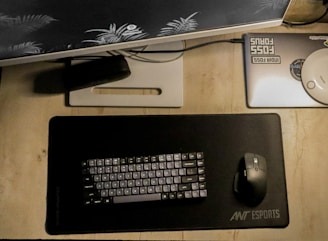 A computer keyboard and mouse on a desk