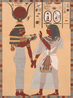 Ancient egyptian figures with hieroglyphs above