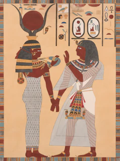 Ancient egyptian figures with hieroglyphs above