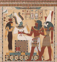 Ancient egyptian gods and figures in colorful mural