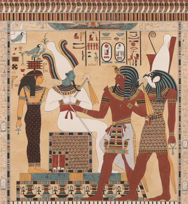 Ancient egyptian gods and figures in colorful mural