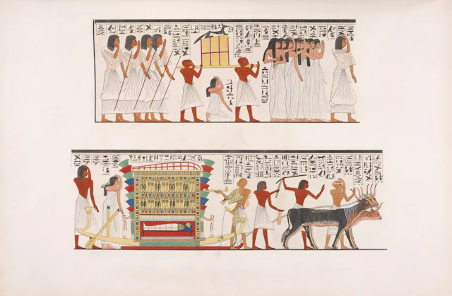 Archival facsimile of an ancient Egyptian tomb painting depicting a funeral procession, with mourners, shrine-bearers, a sacred barque, and rows of hieroglyphic inscriptions.