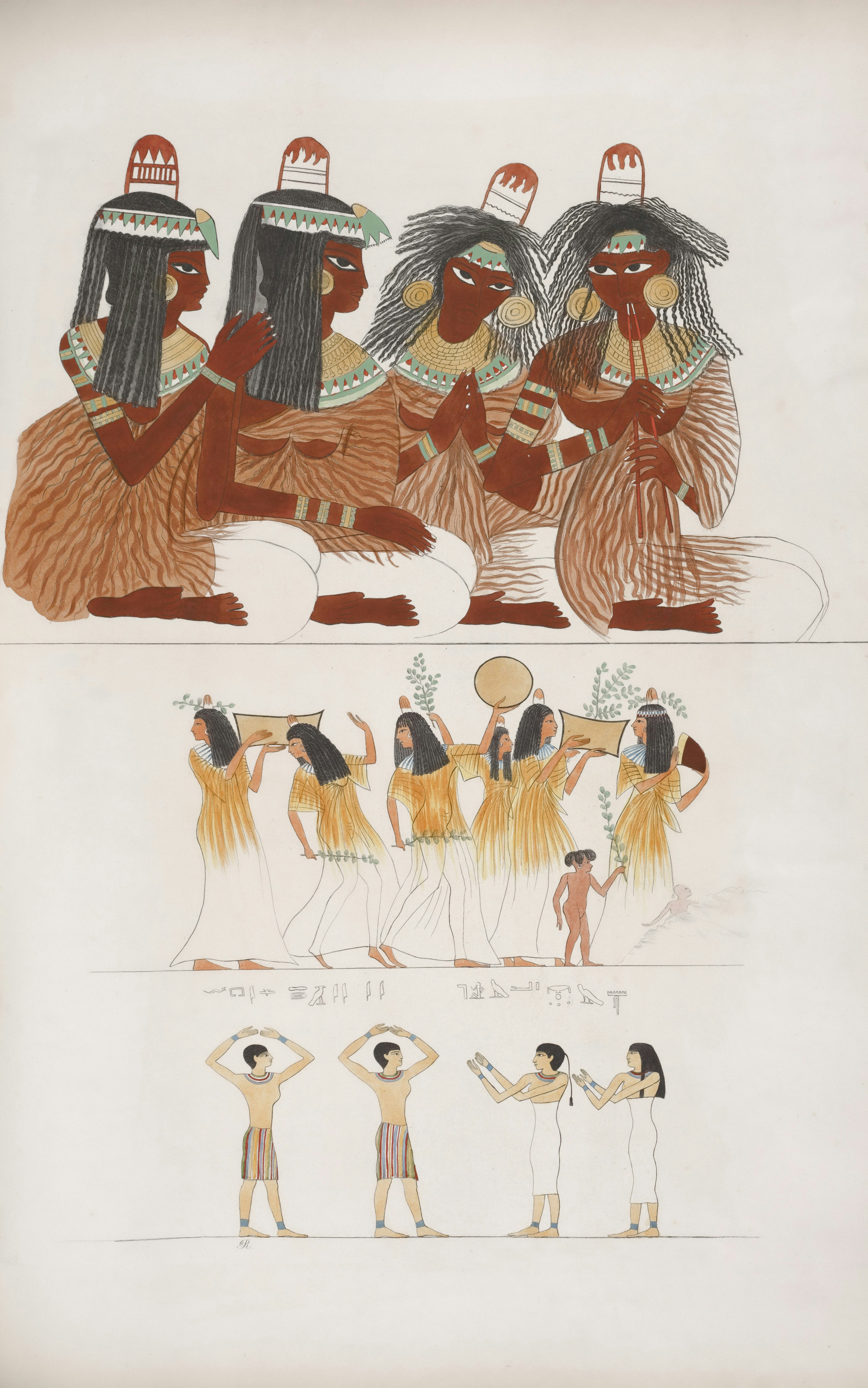 Opere d'arte egiziane antiche che raffigurano figure in processione e cerimonia.