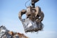 A large metal object flying through the air