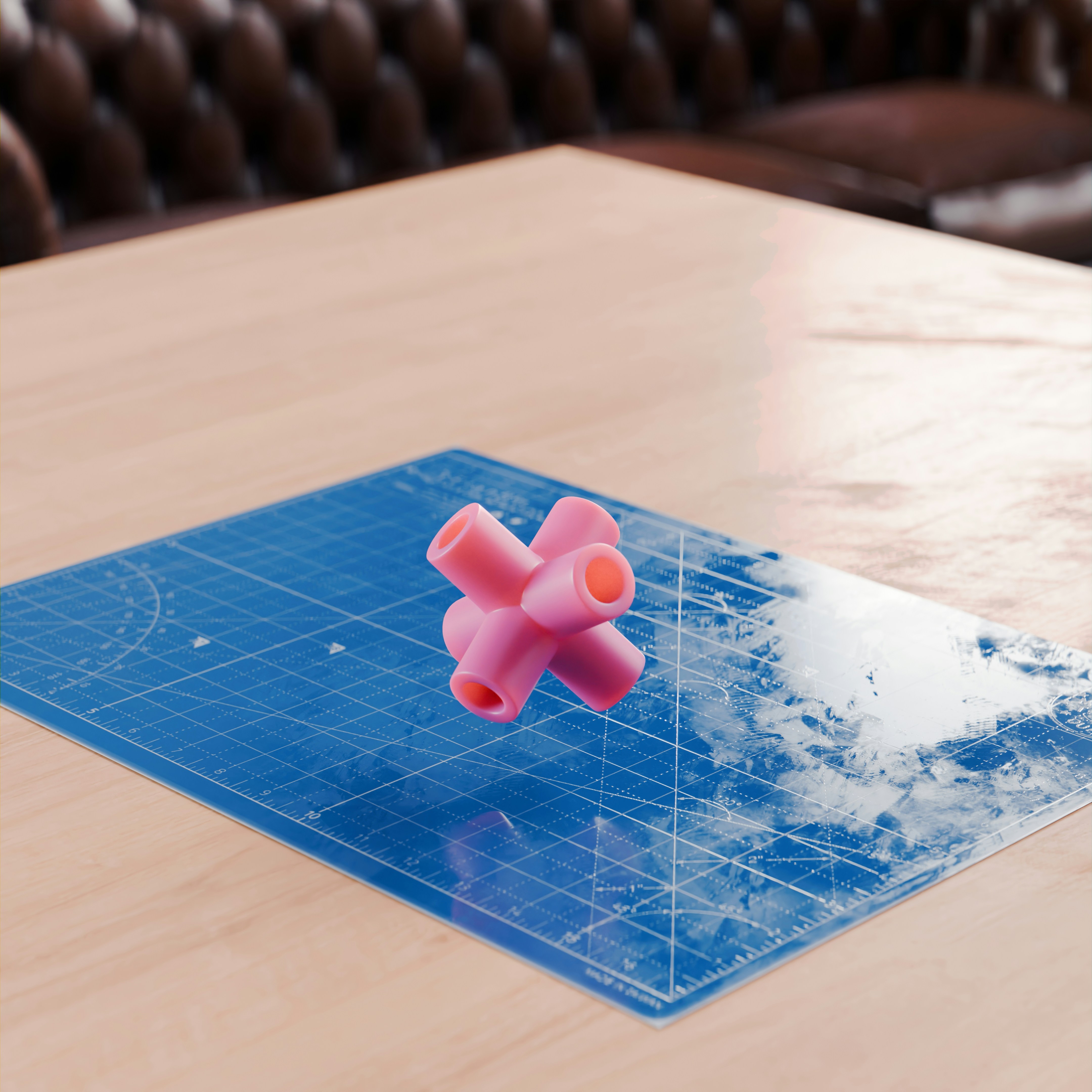 A plastic object sitting on top of a wooden table