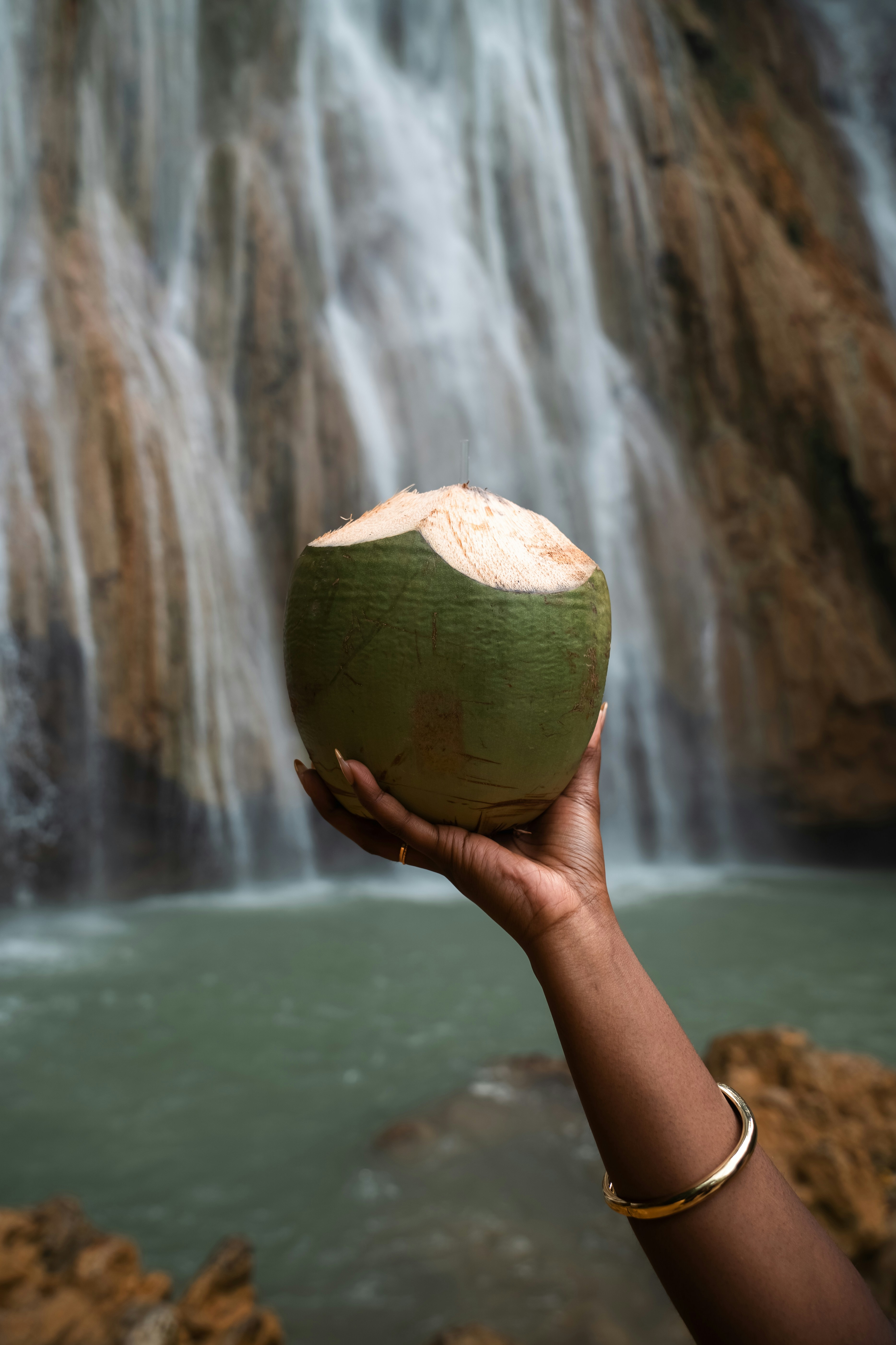 A person holding a coconut in front of a waterfall