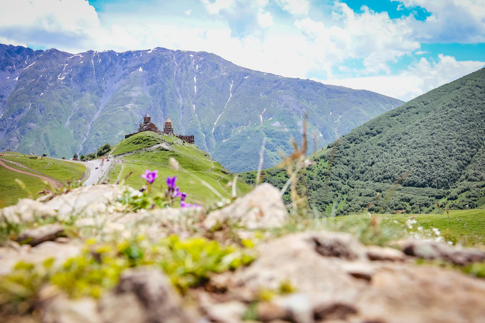 Gergeti Trinity Church beneath the Caucasus mountains near Kazbegi, Georgia