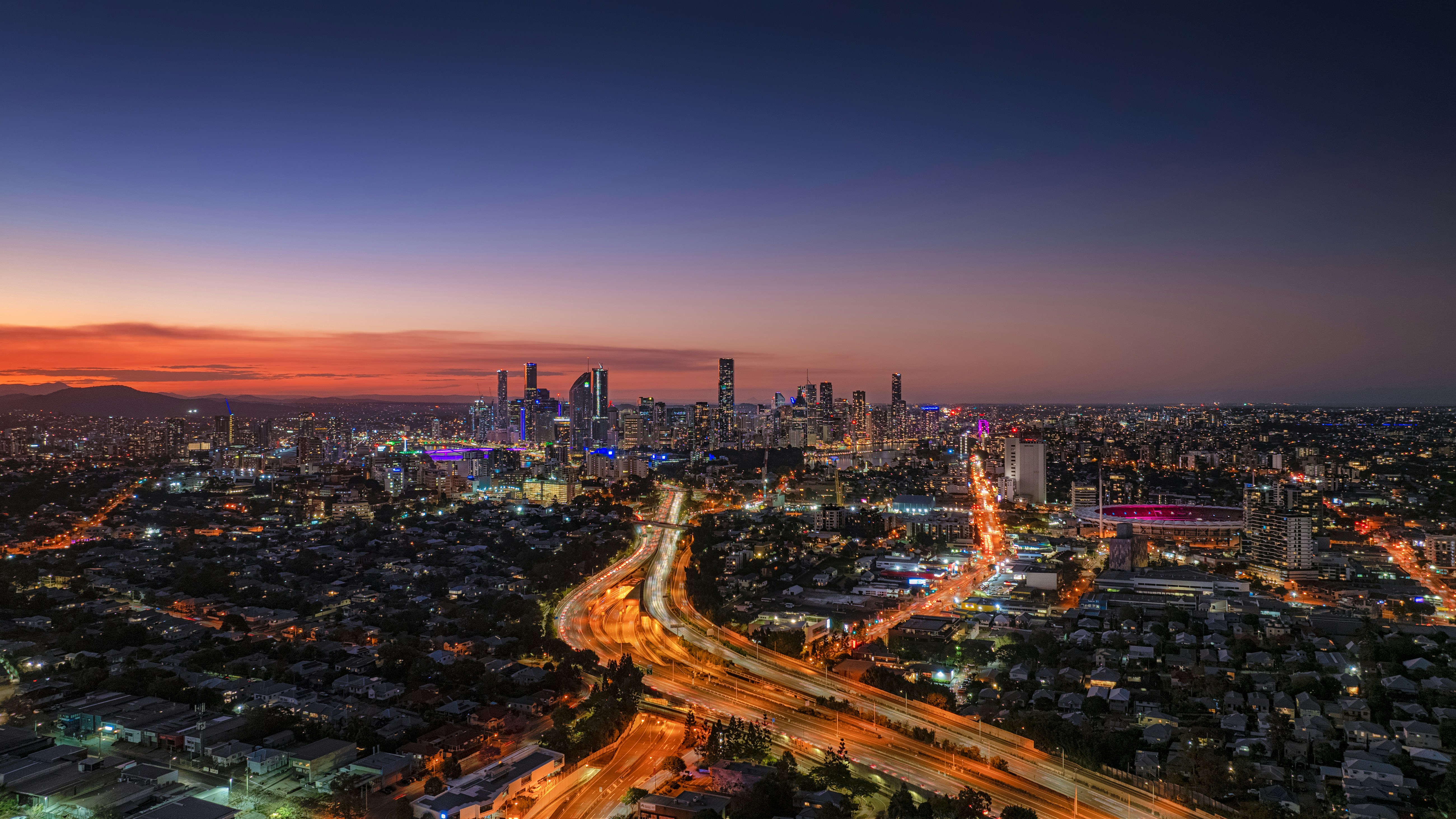 An aerial view of a city at night