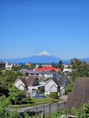 A view of a town with a mountain in the background