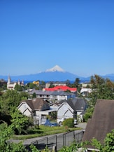 A view of a town with a mountain in the background