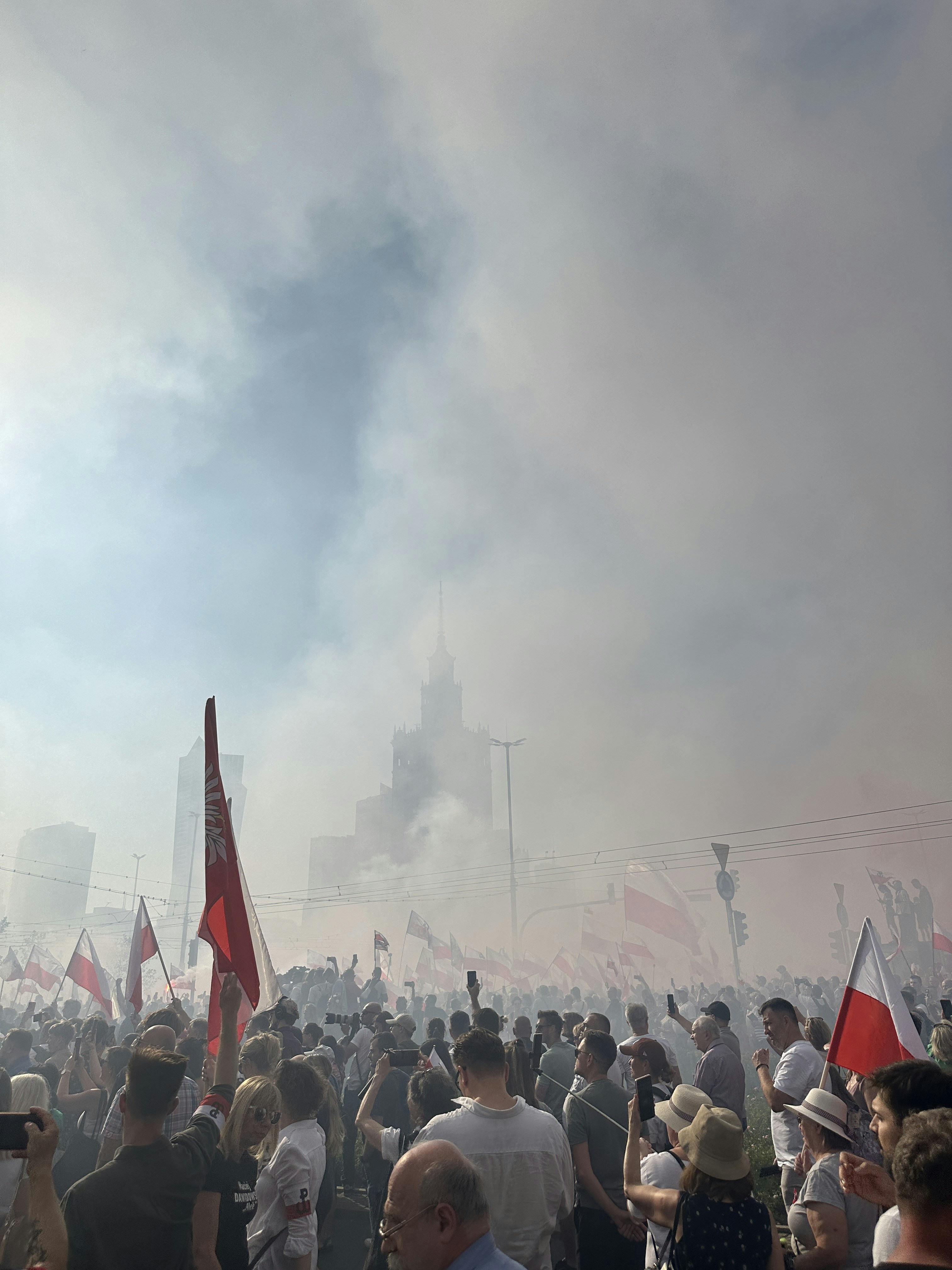 A large group of people standing around with flags