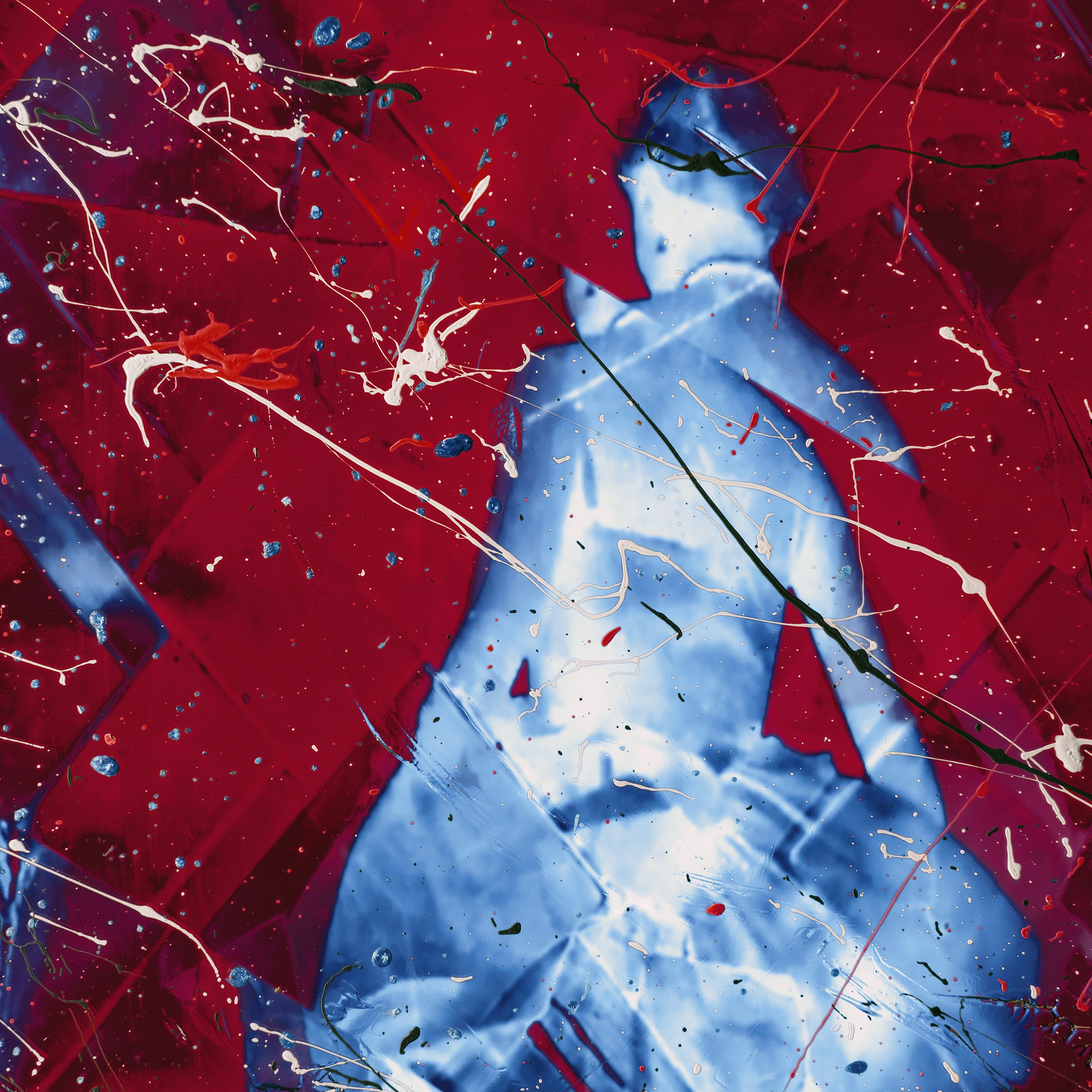 A painting of a woman in blue and red