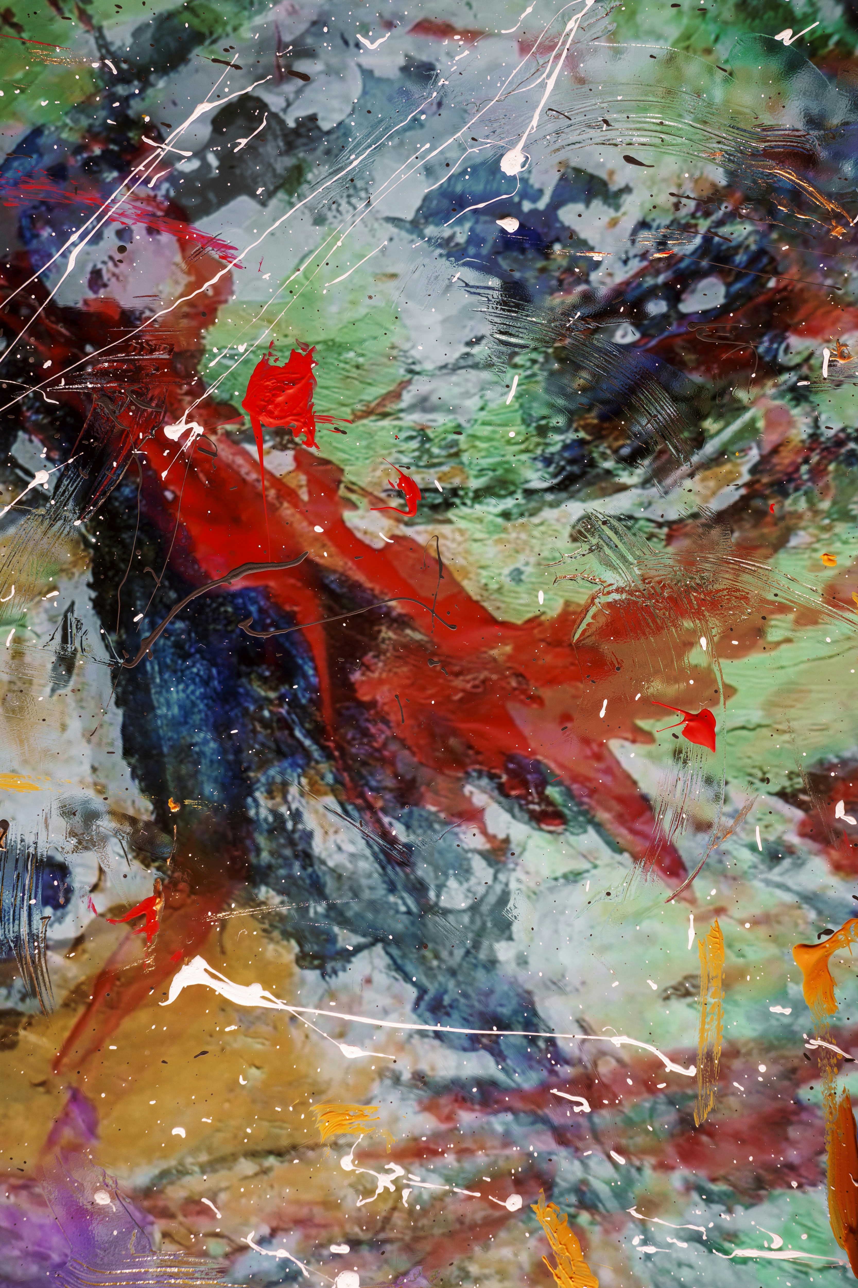 A painting of a person with a red umbrella