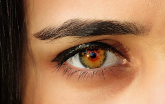 A close up of a person's eye with long lashes