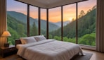 A bedroom with a view of the mountains