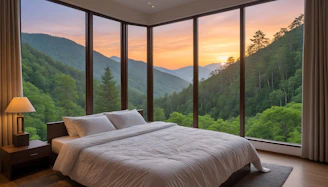 A bedroom with a view of the mountains