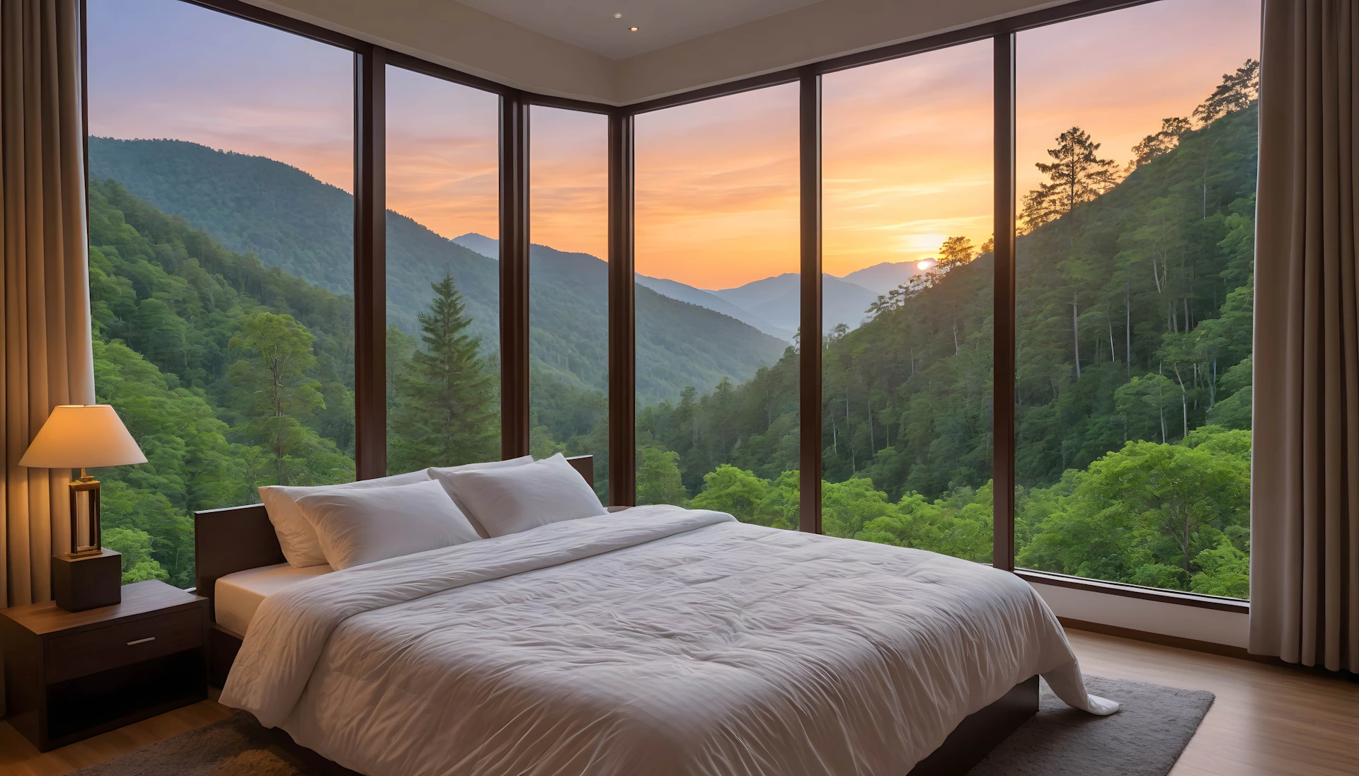 A bedroom with a view of the mountains