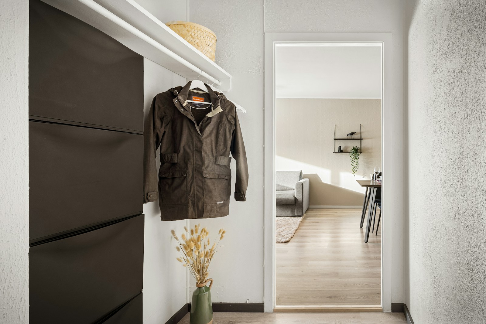 small apartment entry hallway with coat hook shelf and view to living room