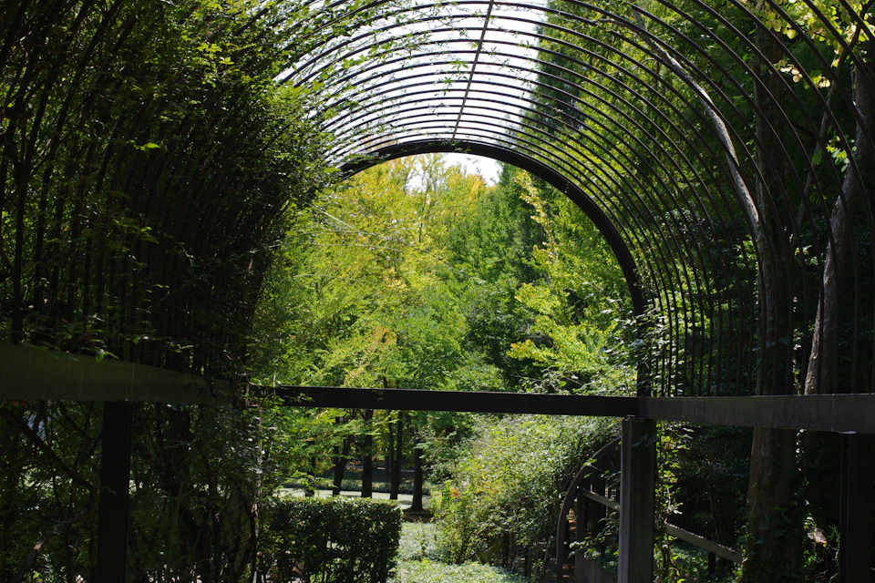 The image depicts a serene garden scene with an archway constructed from metal, featuring a lattice design and supported by sturdy black iron beams. The archway is situated within a lush green landscape, surrounded by trees that provide a natural backdrop to the structure. A wooden bench can be seen on one side of the archway, inviting visitors to sit and enjoy the tranquil surroundings.