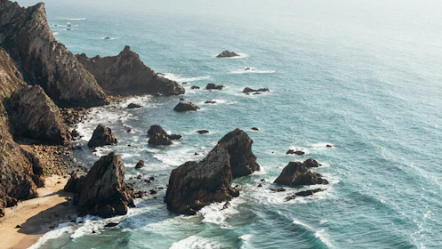 An aerial view of a beach and rocky coastline