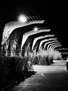 A black and white photo of a walkway at night