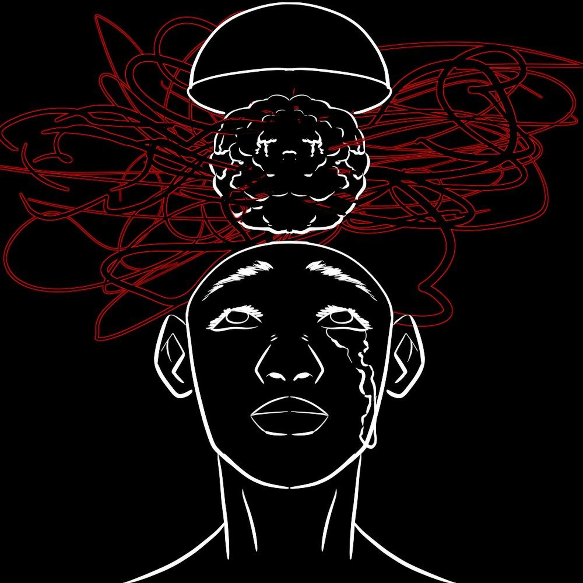A drawing of a man with a hat on his head