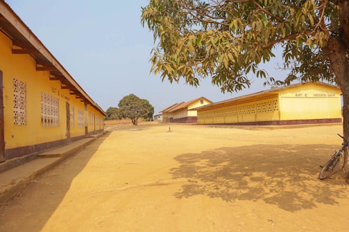 A yellow building with a tree in front of it