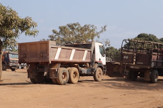 A couple of trucks that are sitting in the dirt