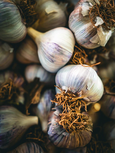 A bunch of garlic is shown in this image