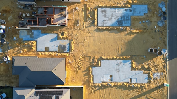 An aerial view of a house under construction