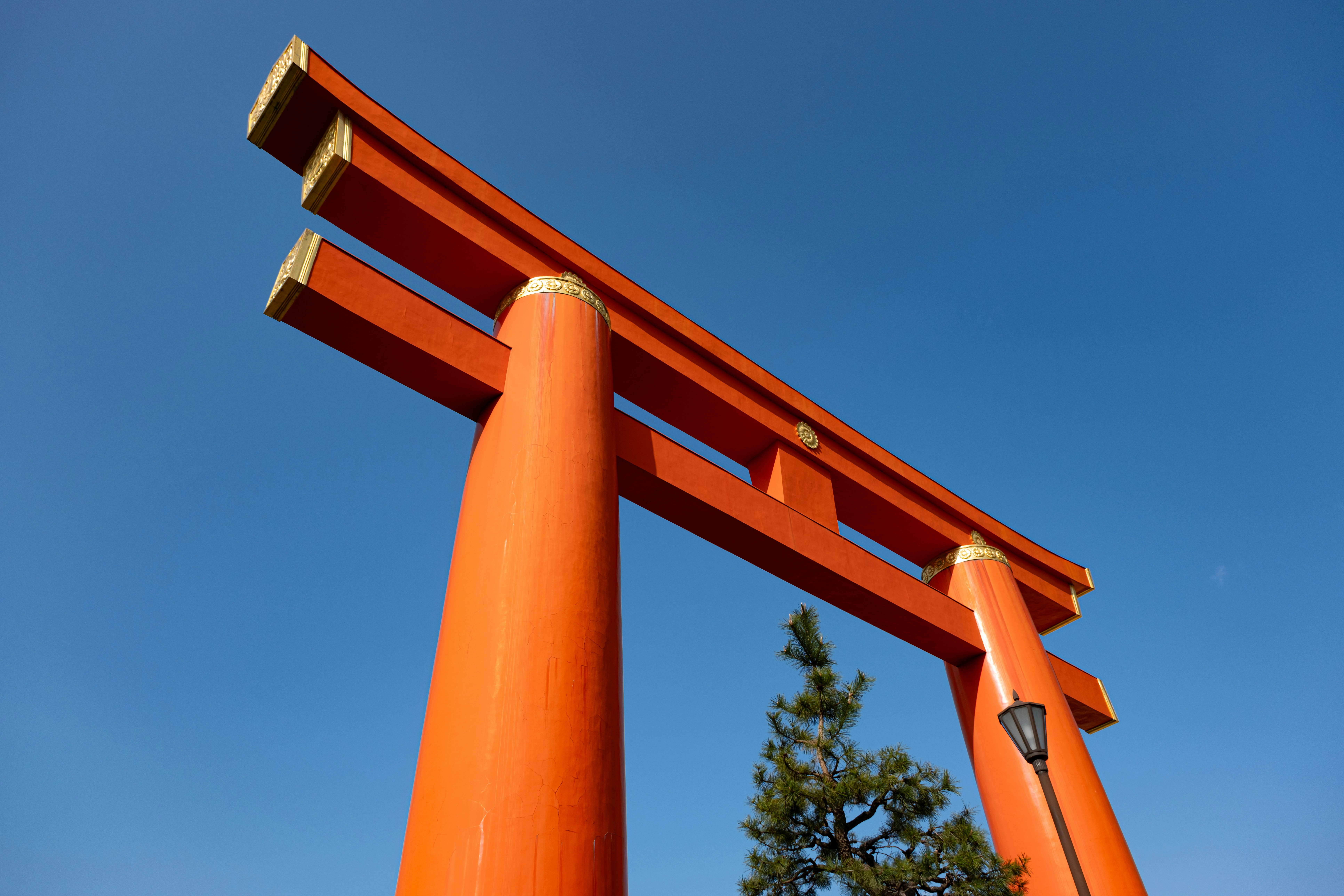 A tall orange structure with a tree in the background