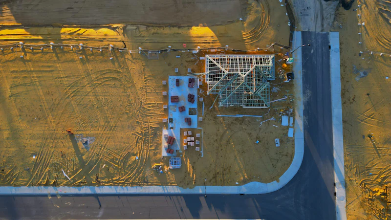 Aerial view of a construction site in open land