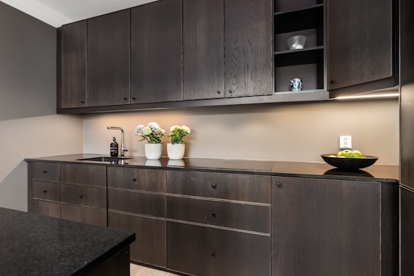 Dark wood kitchen with black countertops