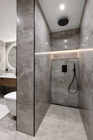 A bathroom with a toilet and a shower