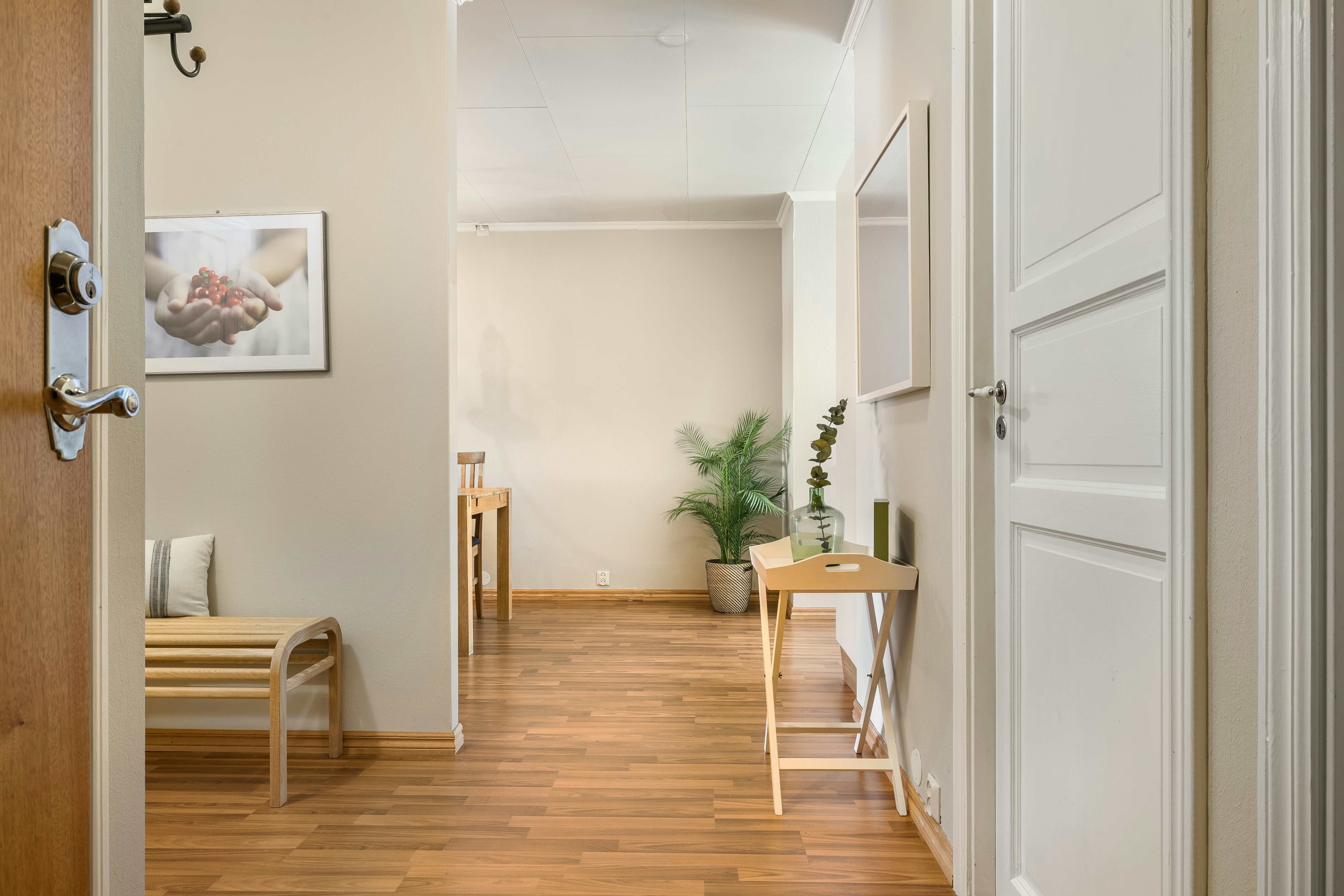 A hallway with a wooden door and white walls