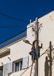 A man on a ladder working on a telephone pole